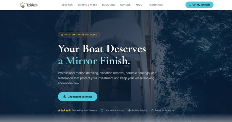 Website hero section for Trisken boat detailing services featuring a luxury boat on water and mirror finish promotion.