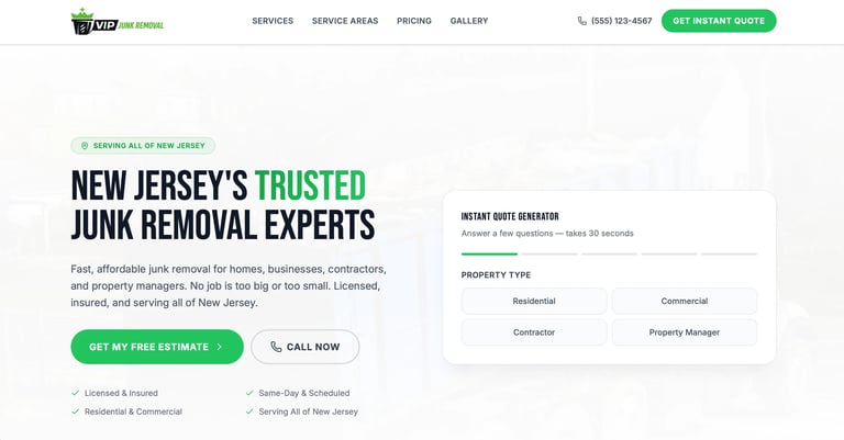 Website header for New Jerseys trusted junk removal experts featuring fast, affordable services for homes and businesses.