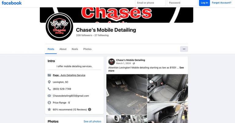 Chases Mobile Detailing Facebook page showing business profile with logo, service details, and before/after car interior cleaning photos