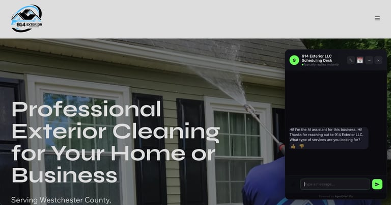 Professional exterior cleaning service worker spraying house exterior with text Professional Exterior Cleaning for your Home or Business