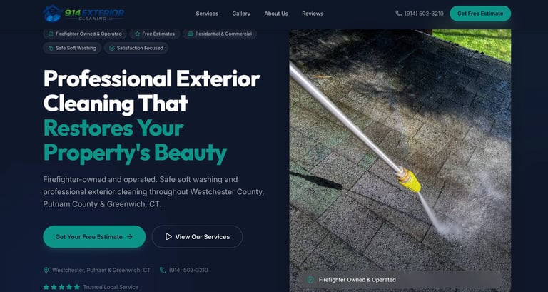 Professional exterior cleaning website homepage showing pressure washing service with before/after driveway comparison